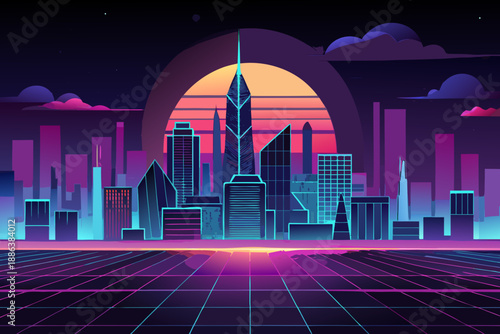 Futuristic cityscape with neon lights at sunset skyscrapers 4