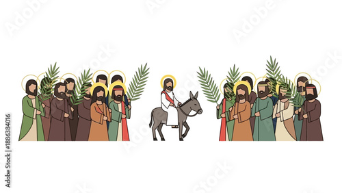Jesus Christ Riding Donkey with Disciples.