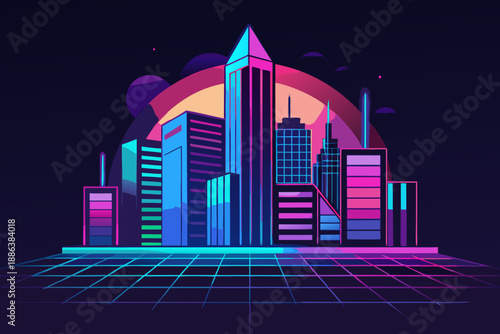Futuristic cityscape with neon lights at sunset skyscrapers 5