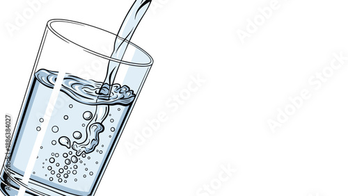 Action shot shows clear water being poured into a transparent glass creating bubbles and ripples in a clean graphic style.
