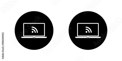 RSS feed icon in laptop screen. News update, blog subscription symbol in notebook computer display in black circle