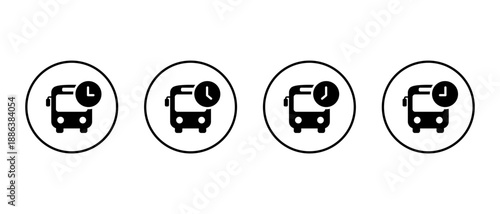 Bus schedule icon set in circular outline. Public transportation time and departure symbol