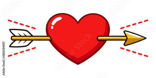 Cartoon illustration of a heart depicting its piercing by a cupid's arrow for romantic love concepts