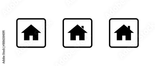 House and home icon set in square outline. Real estate, residence, and property symbol