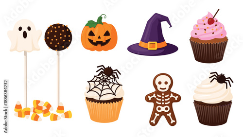 Halloween dessert collection features spooky treats like ghost lollipops, pumpkin cupcakes, witch hats, and skeleton gingerbread men.