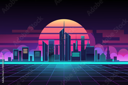 Futuristic cityscape with neon lights at sunset skyscrapers