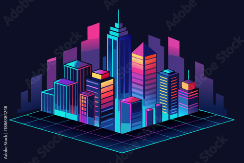 Isometric cityscape with colorful skyscrapers and grid floor at night neon