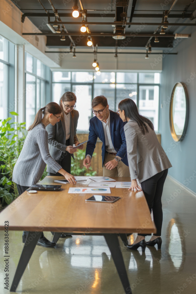Fototapeta premium Diverse team of business analytic professionals reviewing statistic repots together, bending over table with papers, discussing marketing research results, developing strategy of growth. Vertical shot