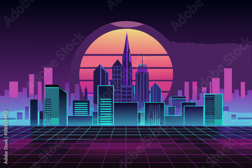 Neon lit cityscape with grid floor and sunset