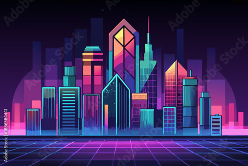 Neon lit futuristic city skyline at night with purple and blue grid floor cityscape buildings skyscrapers