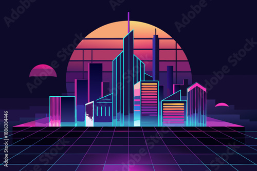 Neon lit futuristic cityscape with grid floor and sunset neon lights retrofuturism