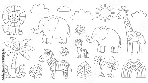 Safari animal coloring page collection features cute line art of a lion, elephant, giraffe, zebra, and tropical plants.