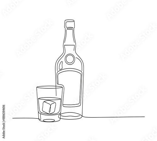 A minimalist line drawing depicts a bottle and a glass with a single ice cube