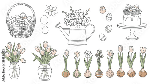 Comprehensive set of Easter line art includes decorated eggs, flower baskets, watering cans, and spring tulips for coloring.
