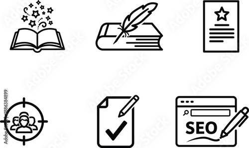 SEO and writing related icons with symbols and tools  business concepts