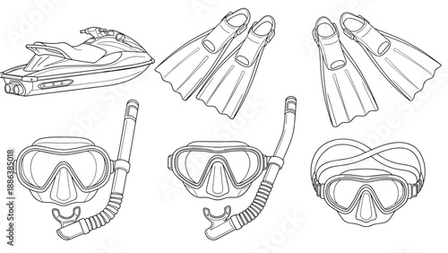 Water sports and snorkeling equipment set features line art of a jet ski, diving masks, snorkels, and swim fins.