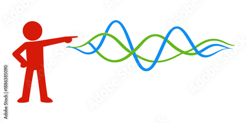 Graphic illustration of a red figure depicting directing abstract waves for information flow