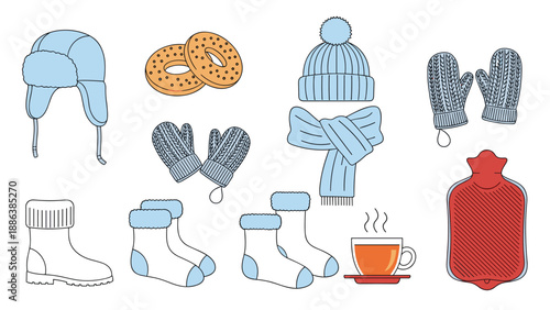 Winter survival kit illustration set features warm clothing, hot tea, snacks, and a hot water bottle in blue and red tones.