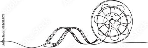 Continuous line drawing of retro old classic movie film reel. one line Art icon drawing vector