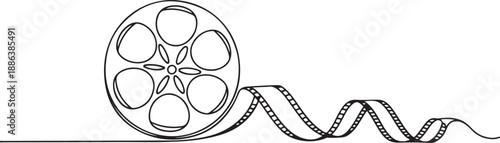 Continuous line drawing of retro old classic movie film reel. one line Art icon drawing vector