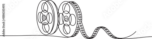 Continuous line drawing of retro old classic movie film reel. one line Art icon drawing vector
