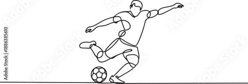 Continuous line drawing of football player jump and fly to kicking ball. one line Art icon drawing vector