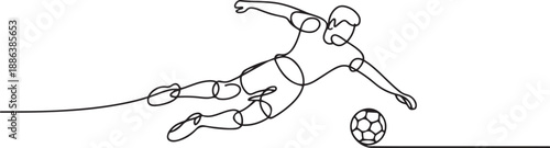 Continuous line drawing of football player jump and fly to kicking ball. one line Art icon drawing vector
