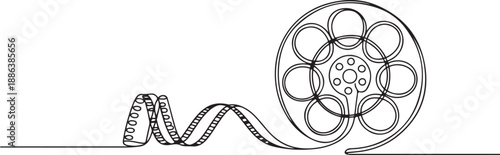 Continuous line drawing of retro old classic movie film reel. one line Art icon drawing vector