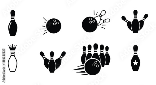 Black and white bowling icons set pins balls and related elements