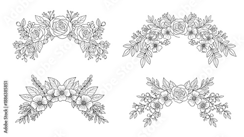 Four elegant semi-circular floral arrangements composed of roses and various leaves rendered in fine black and white line art for coloring.