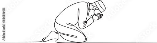 Continuous line drawing of muslim man praying in hajj ihram uniform. one line Art icon drawing vector