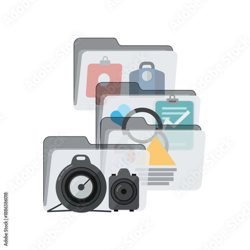 Transparent digital folders containing various icons representing organized data and multimedia files.