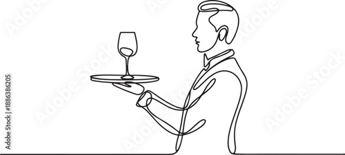 continuous line drawing of waiters man holding order glass wine on the tray for customer. one line Art icon drawing vector