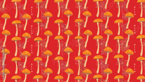 Intriguing seamless pattern of orange mushrooms with long white stalks and faint spider webs scattered across a bold red background.