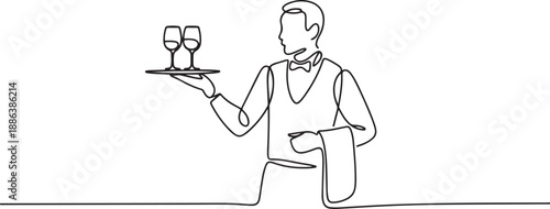 continuous line drawing of waiters man holding order glass wine on the tray for customer. one line Art icon drawing vector