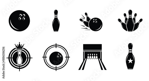 Black and white bowling icons set pins balls and related elements