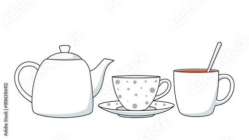 Simple set of white ceramic kitchenware featuring a classic teapot, a polka dot tea cup with saucer, and a mug containing hot red tea.