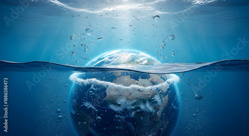 World  Water Day The Earth partially submerged in water, with sun rays illuminating the surface and bubbles rising, representing the planet's water cycle.