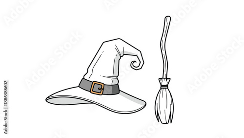 Classic Halloween accessories featuring a tall pointed witch hat with a buckled belt and a simple wooden straw broom in grey line art.