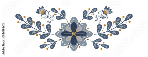 Decorative ethnic floral ornament vector illustration featuring intricate blue and orange foliage and stylized elements in a symmetrical design. Perfect for decorative purposes and design projects.