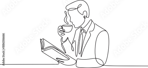 continuous line drawing of business man reading book and drinking cup of coffee. one line Art icon drawing vector