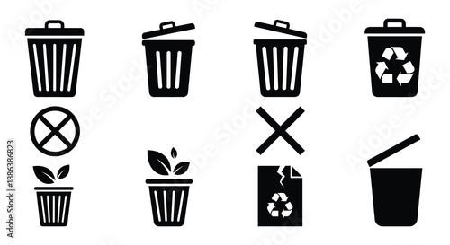 Various waste disposal and recycling symbols including trash cans and plant growth