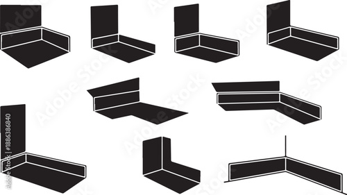 Collection of black corner shelves in various orientations displayed
