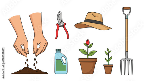 Essential gardening collection including hands planting seeds, pruning shears, a sun hat, fertilizer, potted plants, and a garden fork.
