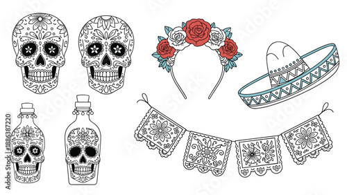 Vibrant Day of the Dead set including ornate sugar skulls, a floral rose headband, a decorated sombrero, a bottle, and papel picado banners.