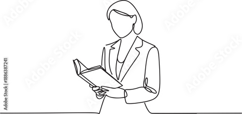 Continuous line drawing of business woman holding and reading book. one line Art icon drawing vector