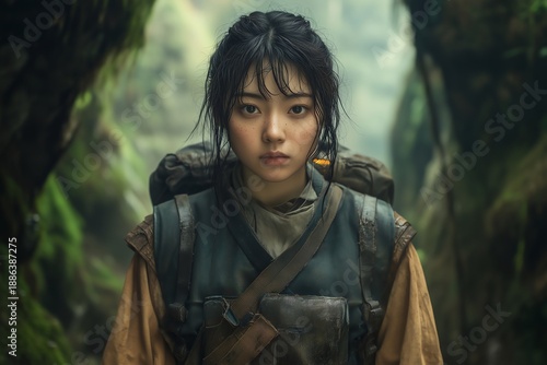 Young woman adventurer gazes in a forest in fantasy clothing
