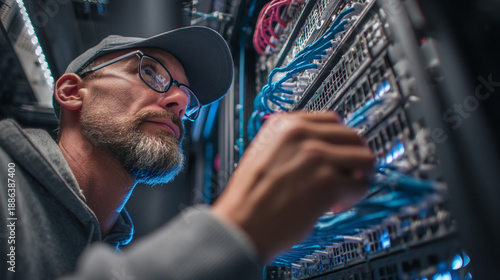 A man in a gray hoodie and cap works on a complex server with blue cables