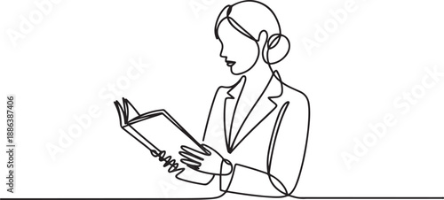 Continuous line drawing of business woman holding and reading book. one line Art icon drawing vector