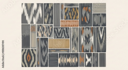 Abstract Ikat Textile Collage with Varied Patterns and Textures.